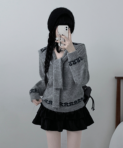 【ショール付き】ペイズリーリボンニット GREY