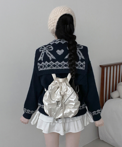 【ショール付き】ペイズリーリボンニット NAVY