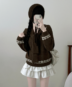 【ショール付き】ペイズリーリボンニット BROWN