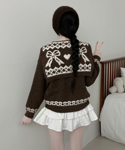 【ショール付き】ペイズリーリボンニット BROWN