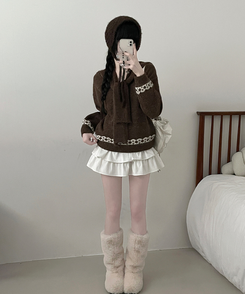 【ショール付き】ペイズリーリボンニット BROWN