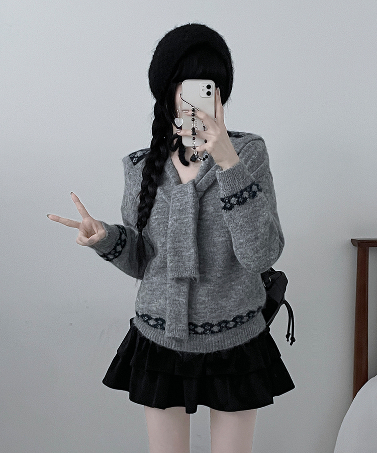 【ショール付き】ペイズリーリボンニット GREY