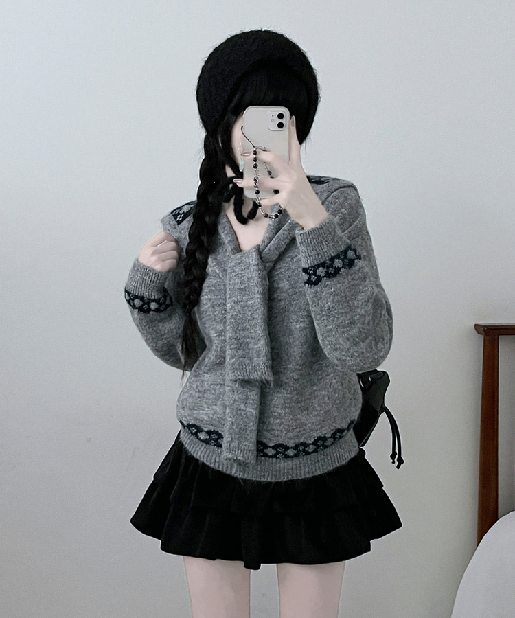 【ショール付き】ペイズリーリボンニット GREY