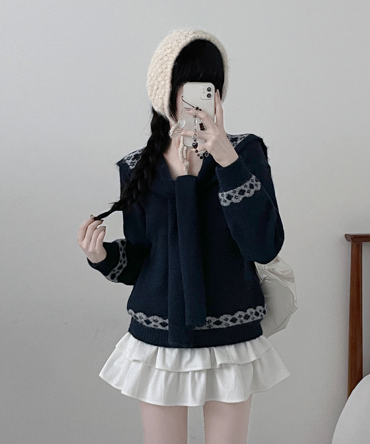 【ショール付き】ペイズリーリボンニット NAVY