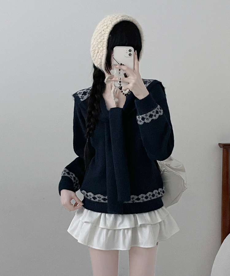 【ショール付き】ペイズリーリボンニット NAVY