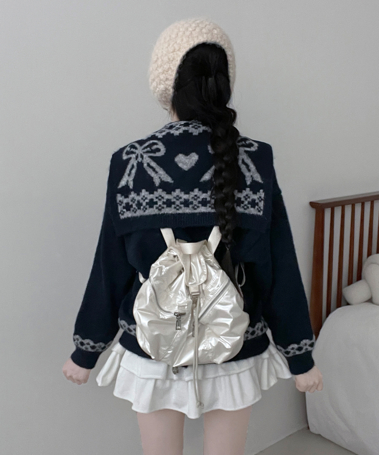 【ショール付き】ペイズリーリボンニット NAVY