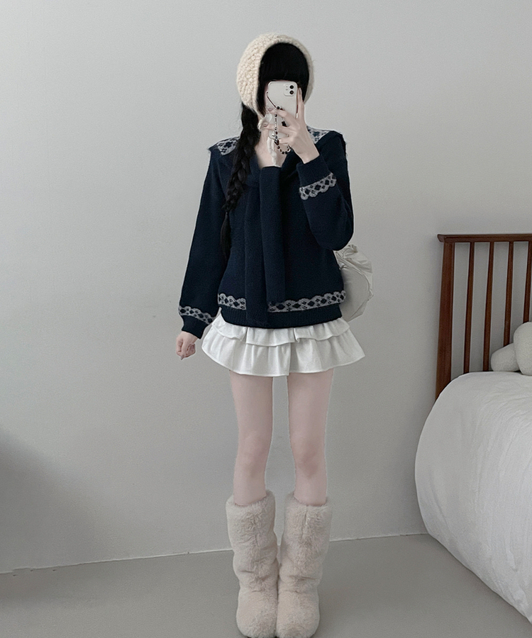 【ショール付き】ペイズリーリボンニット NAVY