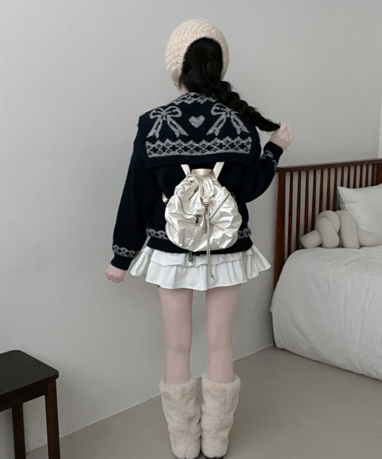 【ショール付き】ペイズリーリボンニット NAVY