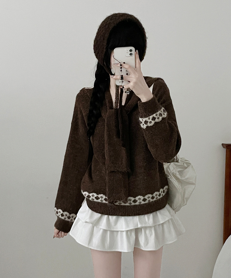 【ショール付き】ペイズリーリボンニット BROWN