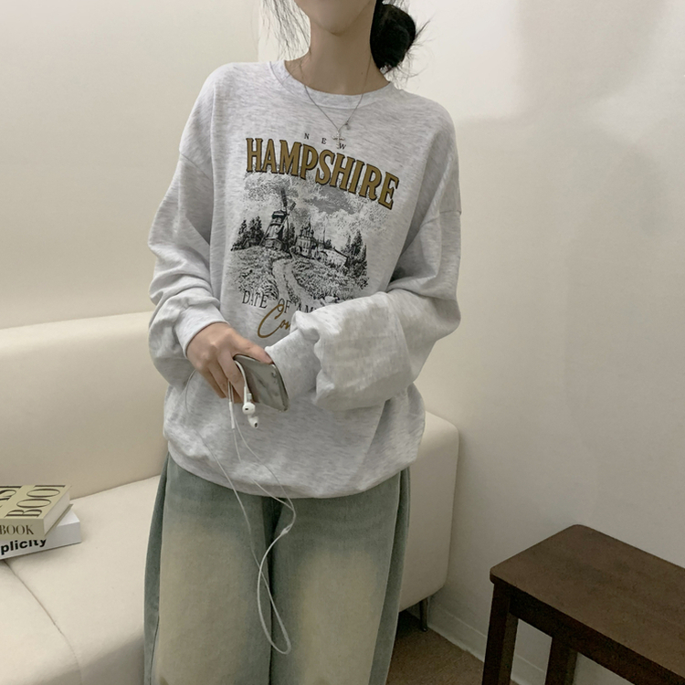 プリンティングラウンドネックトレーナー MELANGE WHITE