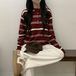 ボタンストライプウールニット(5color) RED