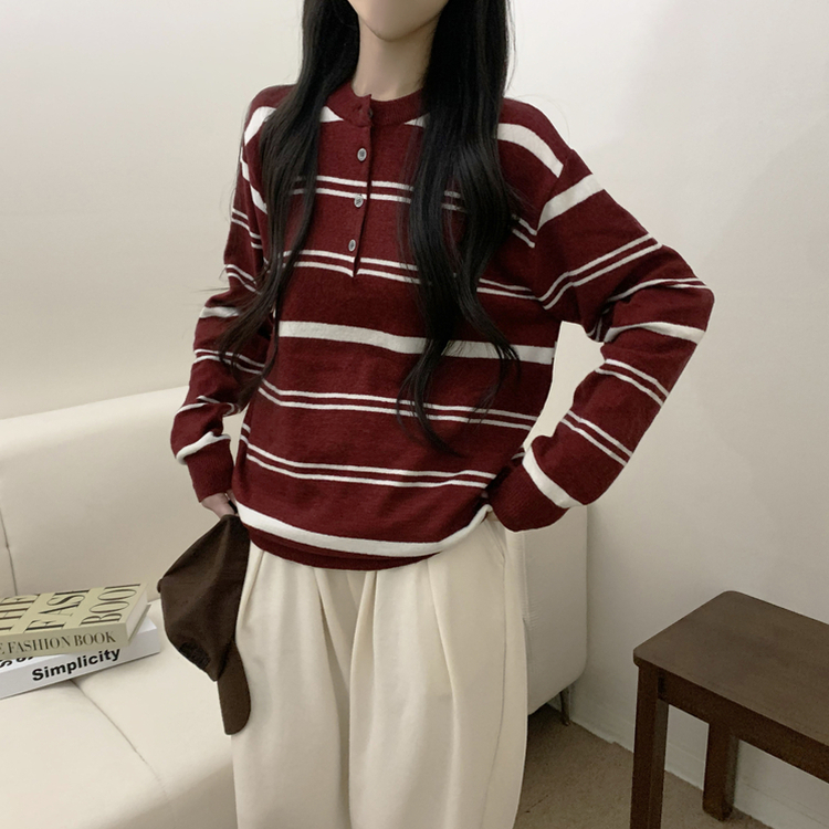 ボタンストライプウールニット(5color) RED
