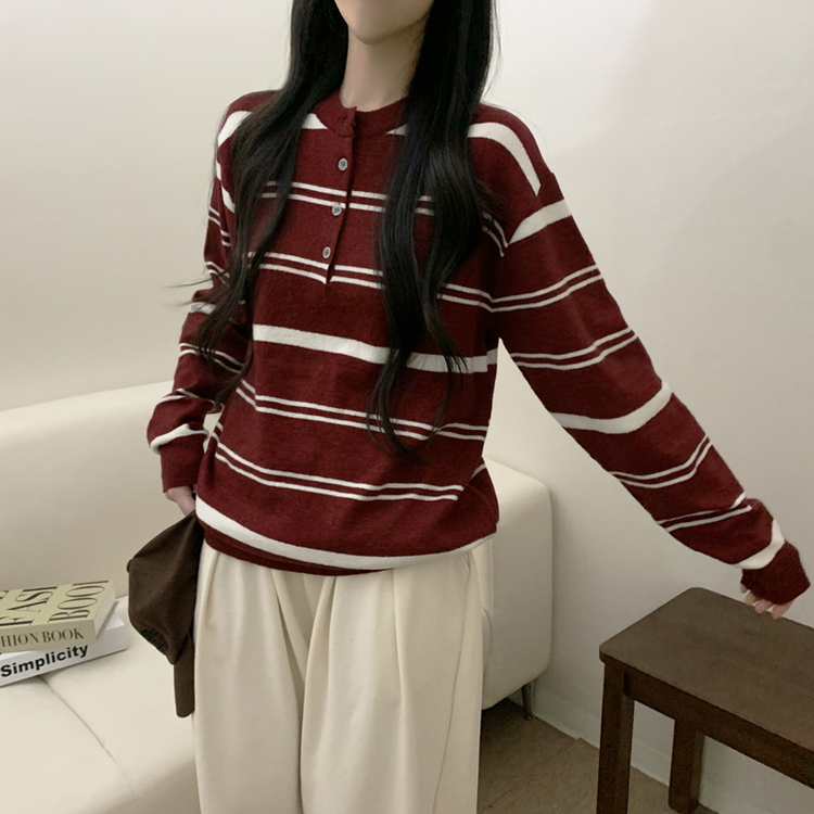 ボタンストライプウールニット(5color) RED