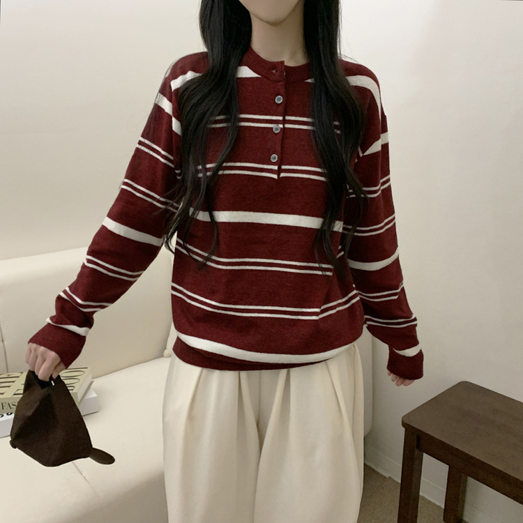 ボタンストライプウールニット(5color) RED