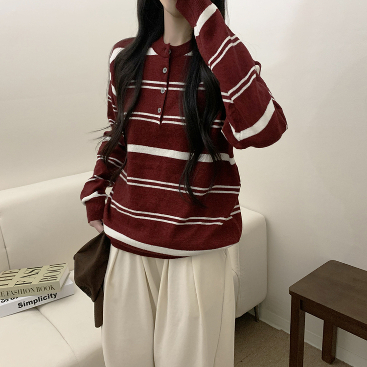 ボタンストライプウールニット(5color) RED