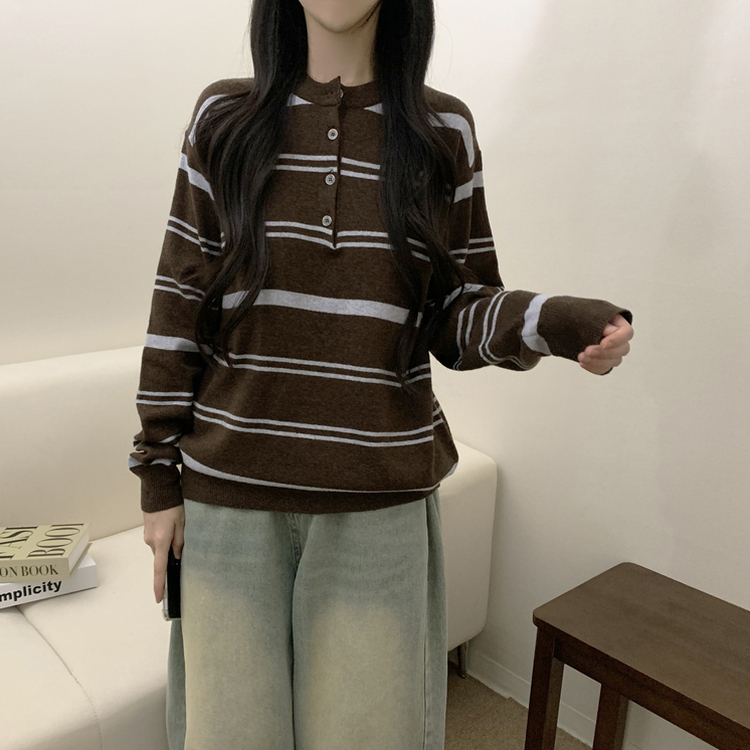 ボタンストライプウールニット(5color) BROWN