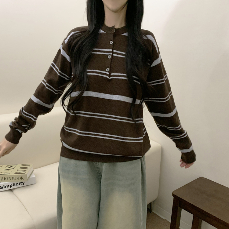 ボタンストライプウールニット(5color) BROWN