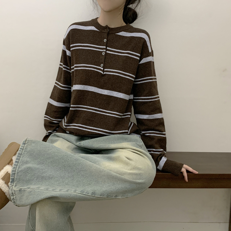 ボタンストライプウールニット(5color) BROWN