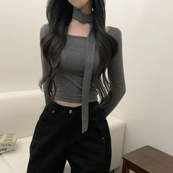 【マフラー付き】【起毛】スクエアクロップ長袖Tシャツ CHARCOAL