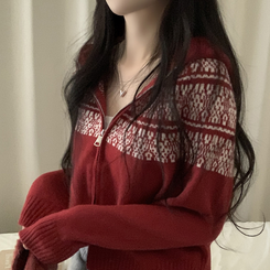 ジャガードフードニットジップアップ RED