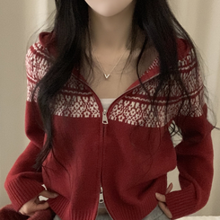 ジャガードフードニットジップアップ RED