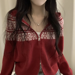 ジャガードフードニットジップアップ RED