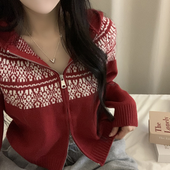 ジャガードフードニットジップアップ RED