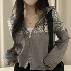 ジャガードフードニットジップアップ GREY