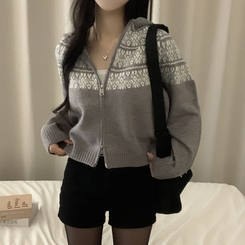 ジャガードフードニットジップアップ GREY
