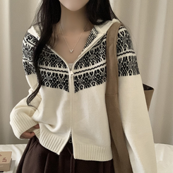 ジャガードフードニットジップアップ IVORY