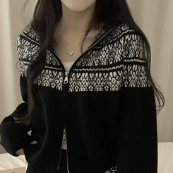 ジャガードフードニットジップアップ BLACK