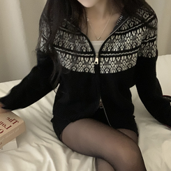 ジャガードフードニットジップアップ BLACK