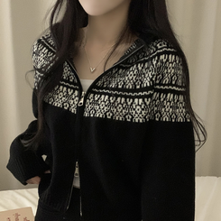 ジャガードフードニットジップアップ BLACK