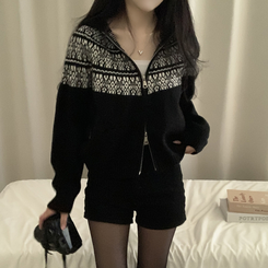 ジャガードフードニットジップアップ BLACK