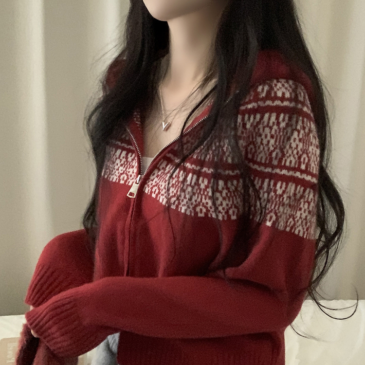 ジャガードフードニットジップアップ RED