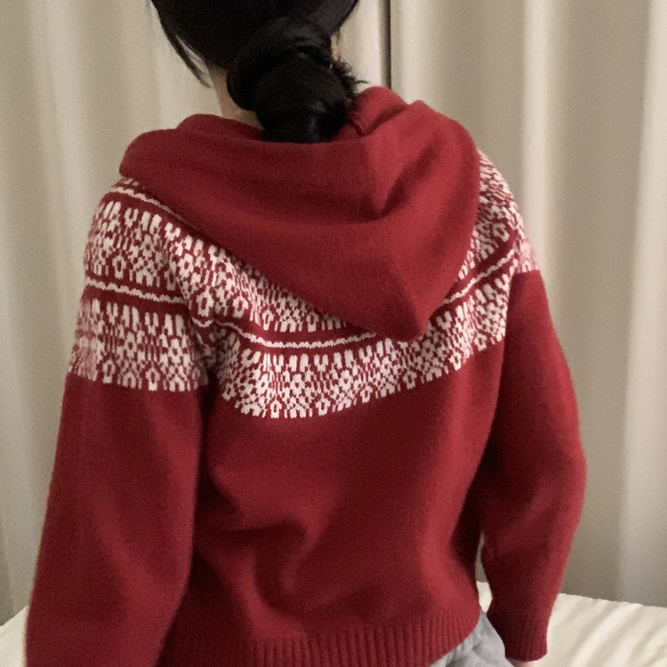 ジャガードフードニットジップアップ RED