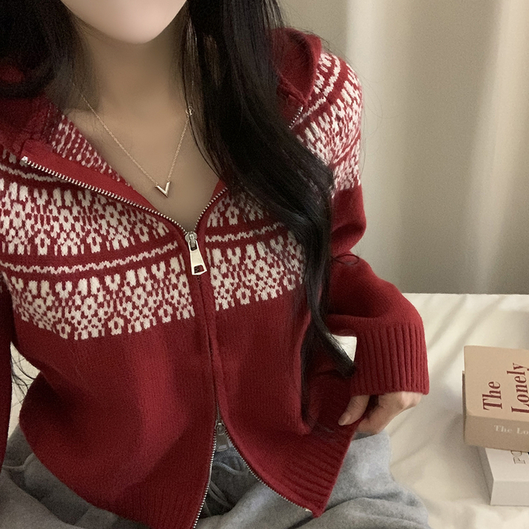 ジャガードフードニットジップアップ RED