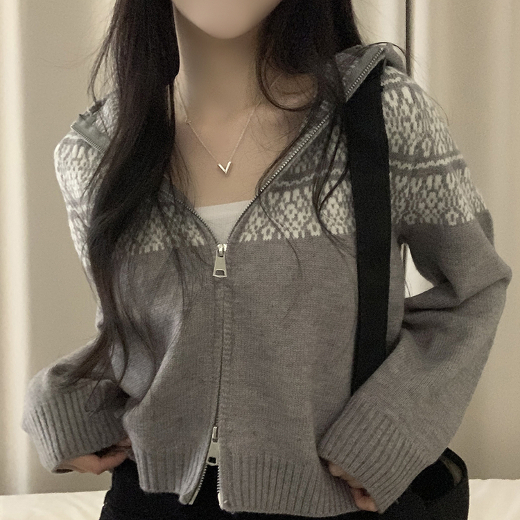 ジャガードフードニットジップアップ GREY