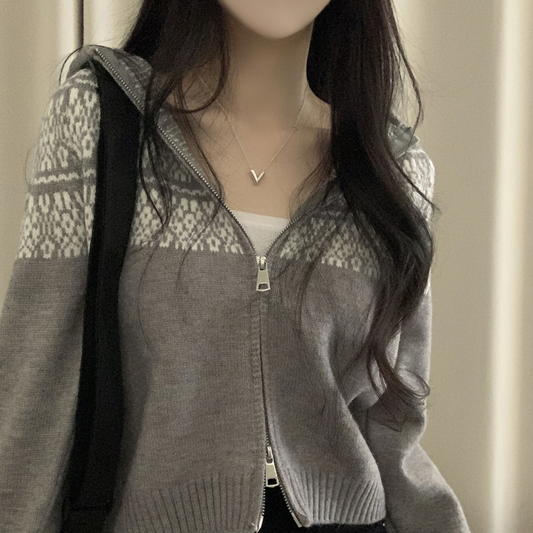 ジャガードフードニットジップアップ GREY