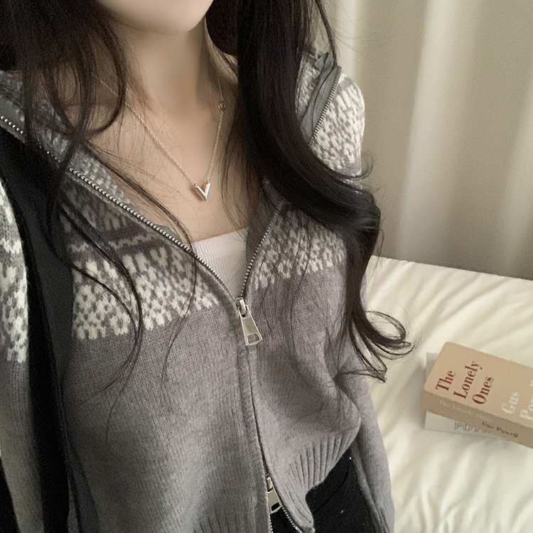 ジャガードフードニットジップアップ GREY