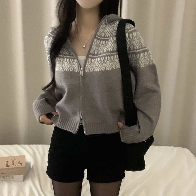 ジャガードフードニットジップアップ GREY