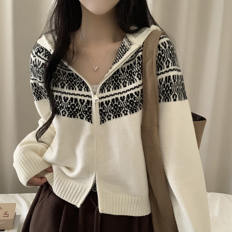 ジャガードフードニットジップアップ IVORY