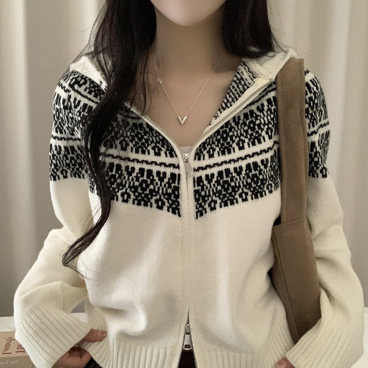 ジャガードフードニットジップアップ IVORY