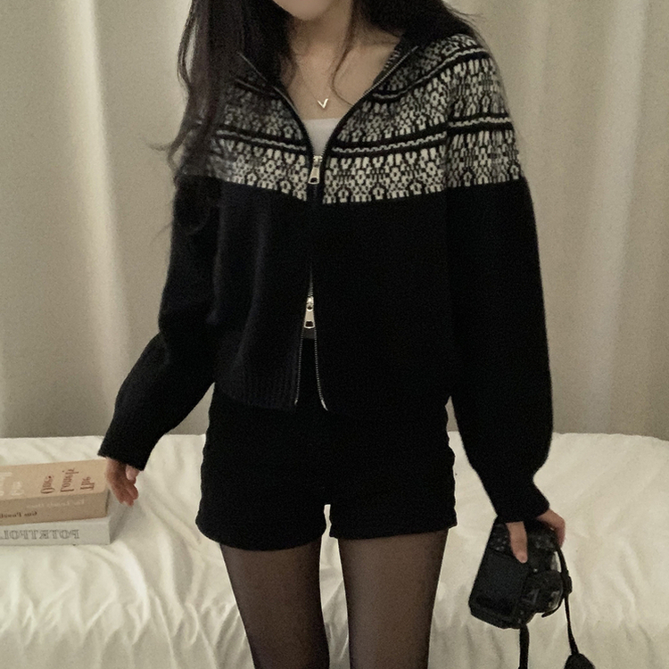ジャガードフードニットジップアップ BLACK