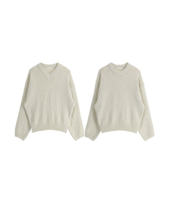 （高級ラムウール／選べる2タイプネック／10色展開♥）   ラムウール ラウンド＆Vネック ルーズフィットニット