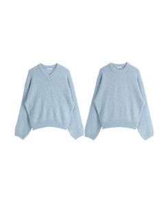 （高級ラムウール／選べる2タイプネック／10色展開♥）   ラムウール ラウンド＆Vネック ルーズフィットニット