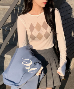 アーガイルテンセル長袖Tシャツ IVORY