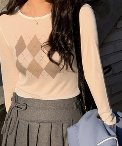 アーガイルテンセル長袖Tシャツ IVORY