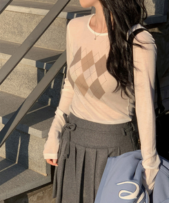 アーガイルテンセル長袖Tシャツ IVORY