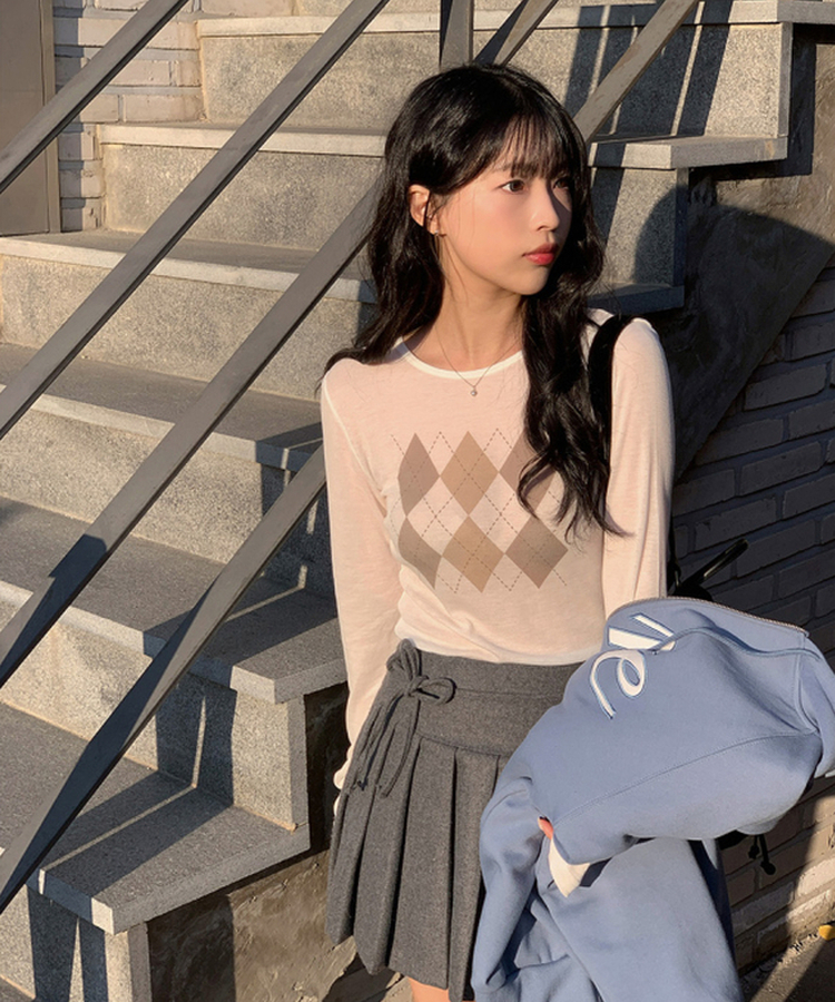 アーガイルテンセル長袖Tシャツ IVORY